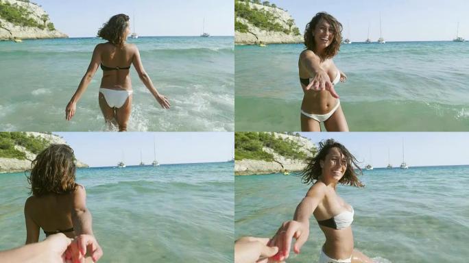 一个美丽的年轻女孩在海边，穿着泳衣，白色的方巾，金色的沙子，背景的大海。