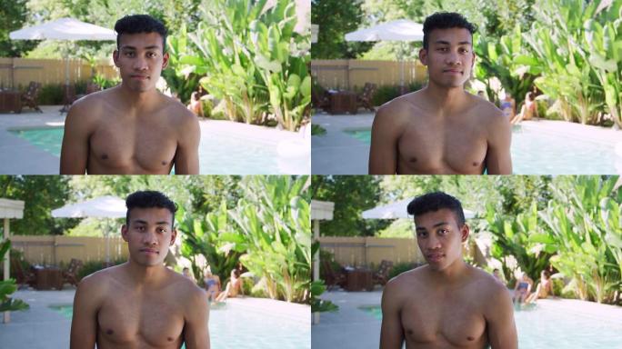 裸胸男子的肖像户外与朋友享受夏季泳池派对