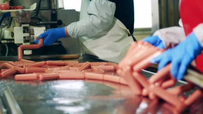 香肠正在从肉类工厂的工厂运输机中取出。
