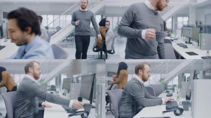 年轻快乐的商业推销员专家带着咖啡杯走过他明亮的现代办公室，发生在他的台式电脑上。在不同的专业商人团队