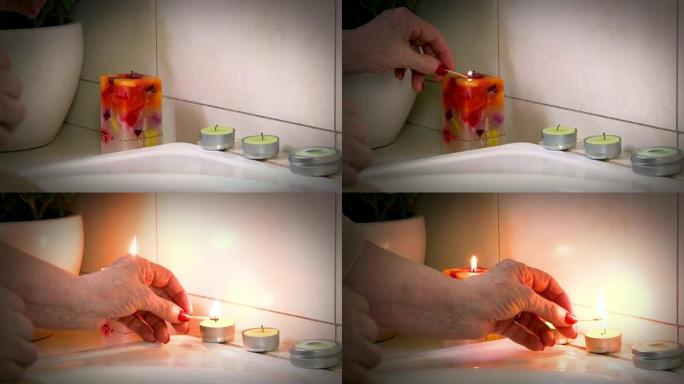 用蜡烛准备泡泡浴。特写。