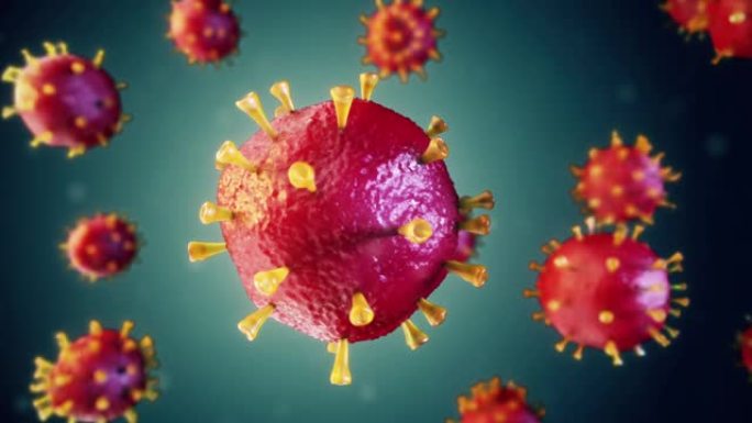 现实的红色病毒细胞在黑暗的背景下旋转。流感爆发和流感用红色显微镜病毒特写。大流行，医学概念。无缝循环