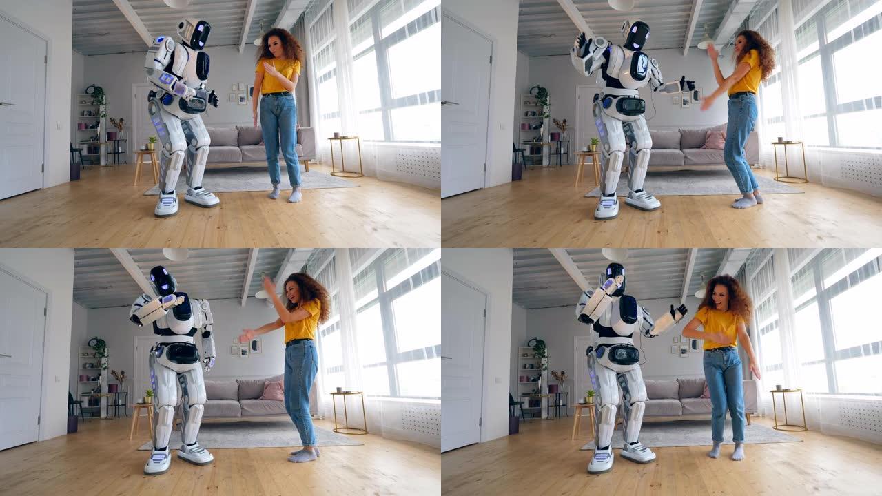 年轻女子和机器人正在跳机器人舞。机器人，类人机器人概念。