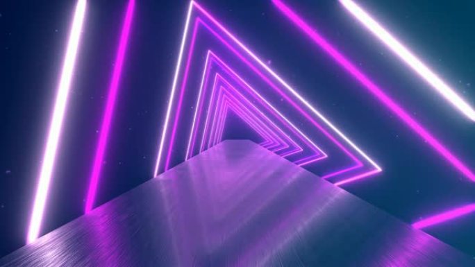 飞行通过发光的旋转霓虹灯三角形创造一个隧道，蓝色红色粉色紫色光谱，荧光紫外线，现代七彩照明，4k循环
