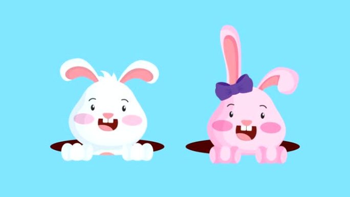 快乐复活节动画卡片与可爱的兔子夫妇