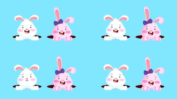 快乐复活节动画卡片与可爱的兔子夫妇