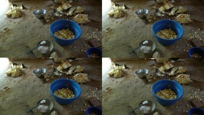 斯里兰卡地板上的新鲜椰子和食物残渣