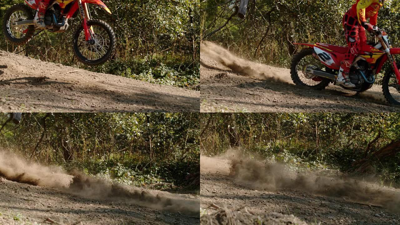 MS超级慢动作越野摩托车骑手跳跃，降落在泥土路线上
