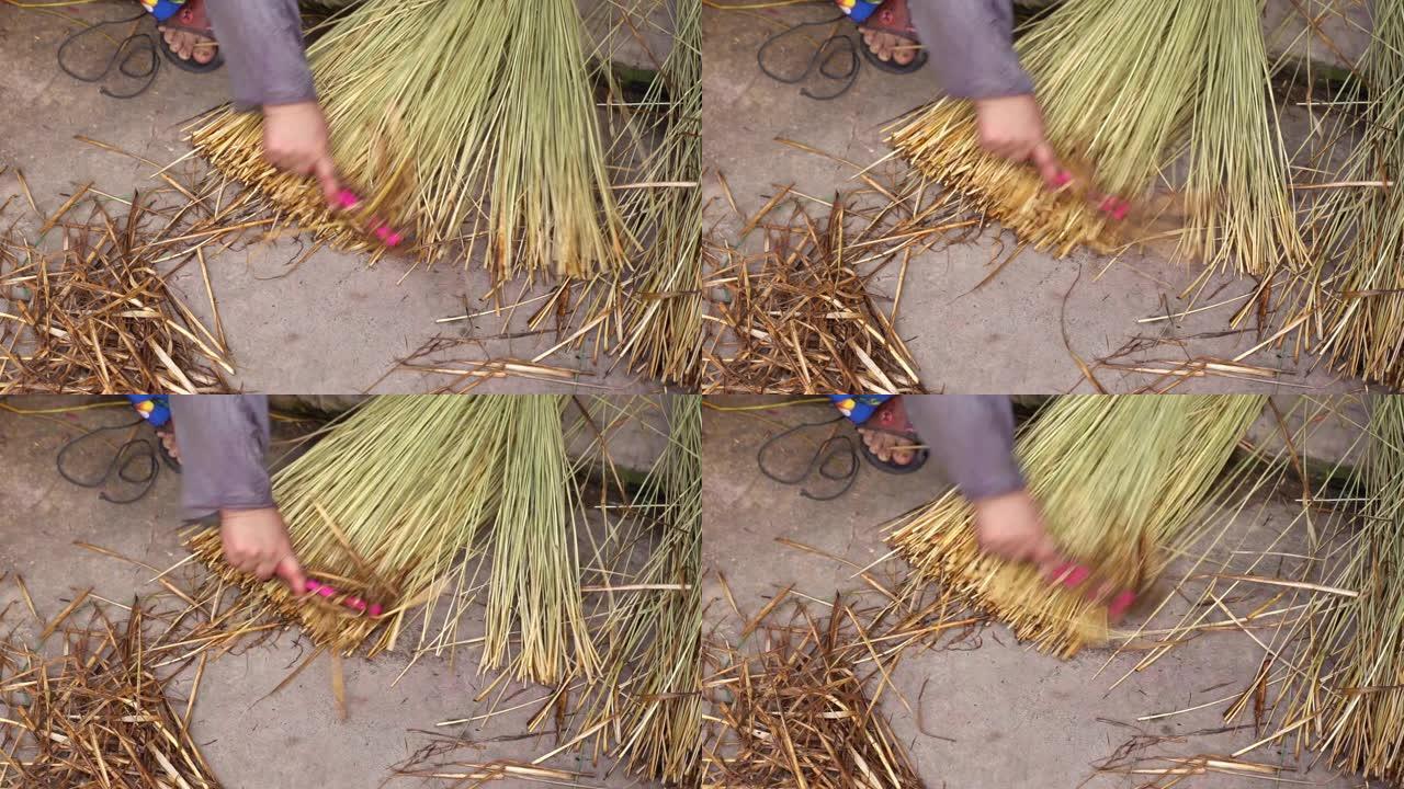 越南工匠在越南东塔丁延的旧传统村庄制作传统越南垫子的4k慢动作镜头，传统艺术家概念