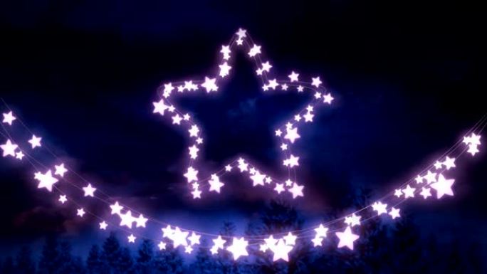 蓝色背景上发光的星星和一串仙女灯