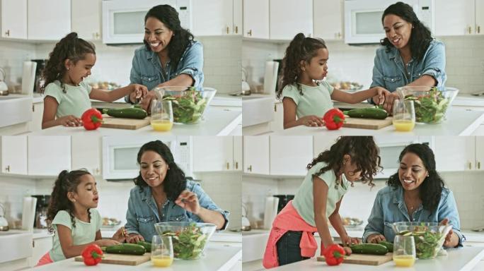 母女在家准备食物教小孩做饭亲子互动国外饮