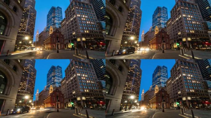 黄昏时分，美国马萨诸塞州波士顿旧州议会大厦前区人群和交通的4k时间流逝，具有旅游概念的建筑和建筑。
