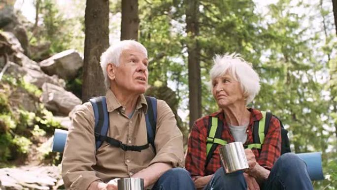 老年夫妇在森林里喝茶聊天