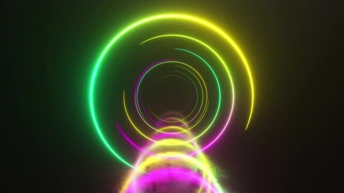 隧道内无限飞行，霓虹灯抽象背景，圆形拱廊，门户，环，圆，虚拟现实，现代光谱，激光表演。无缝循环3d渲