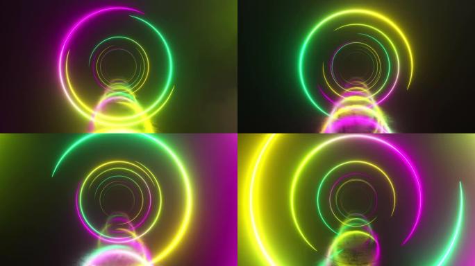 隧道内无限飞行，霓虹灯抽象背景，圆形拱廊，门户，环，圆，虚拟现实，现代光谱，激光表演。无缝循环3d渲