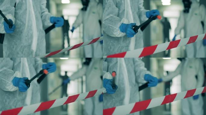 由专家进行的化学品粉碎。冠状病毒，新型冠状病毒肺炎概念。