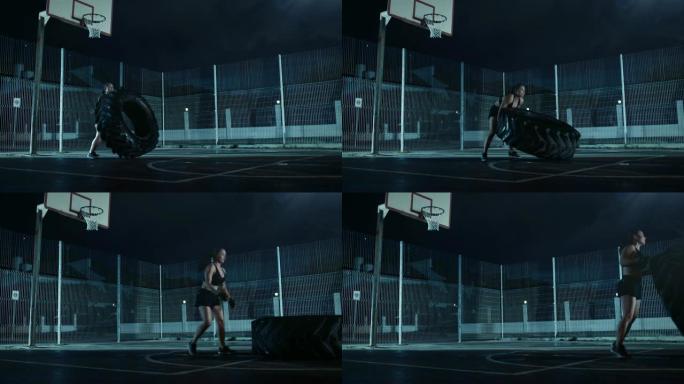美丽的精力充沛的健身女孩正在一个有围栏的室外篮球场里做运动。在一个居民区雨后的雾蒙蒙的夜晚，她正在翻
