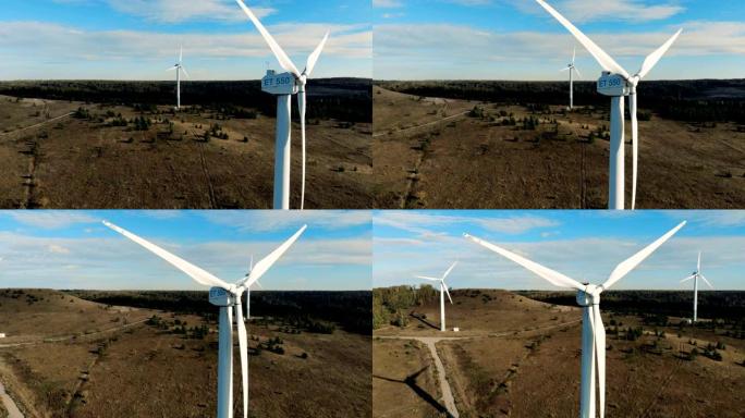 自然景观与几个运作的风能涡轮机。绿色能源概念。