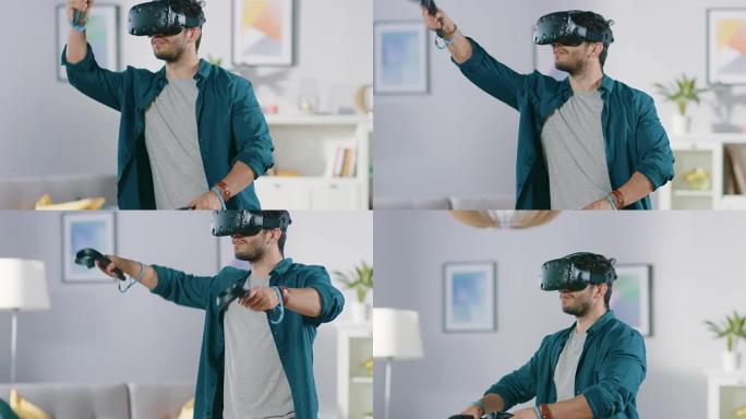 戴着虚拟现实耳机和手持控制器的精力充沛的年轻人在家里玩电子游戏。活跃的人在客厅中间玩虚拟现实探索冒险