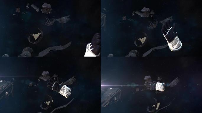 漂浮在太空中的宇航员手套和碎片