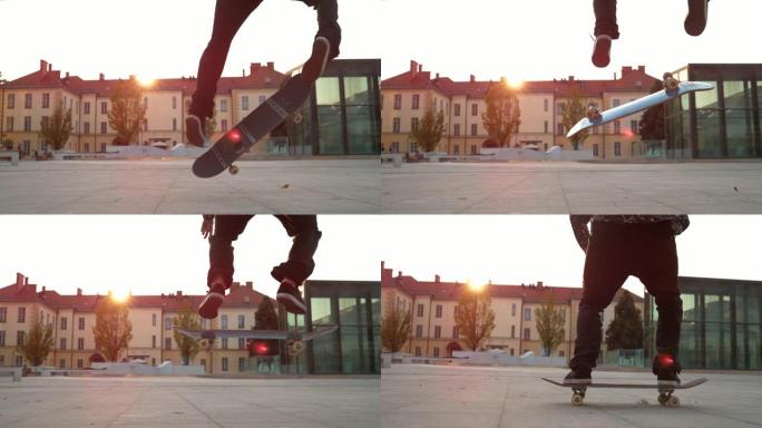 特写镜头，镜头耀斑: 日落照亮了滑板手着陆的fakie翻转技巧