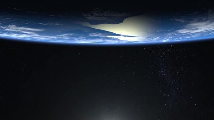 地球。从太空看。星星闪烁。屏幕上的星球在顶部。4K。地球缓慢旋转。现实的氛围。3D体积云。