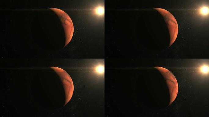 火星行星。从太空看。火星缓慢旋转。这颗行星被太阳照亮了。星星闪烁。4K。框架中的太阳。
