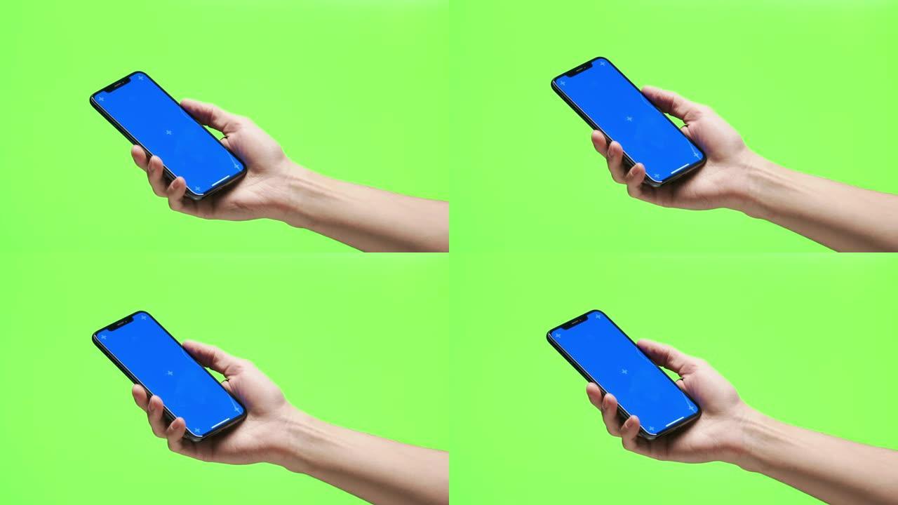 使用智能手机的空白触摸屏的手的特写镜头