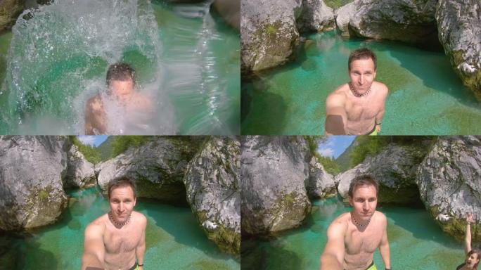 自拍，颠倒: 一个男人跳入翡翠索卡河的有趣镜头。