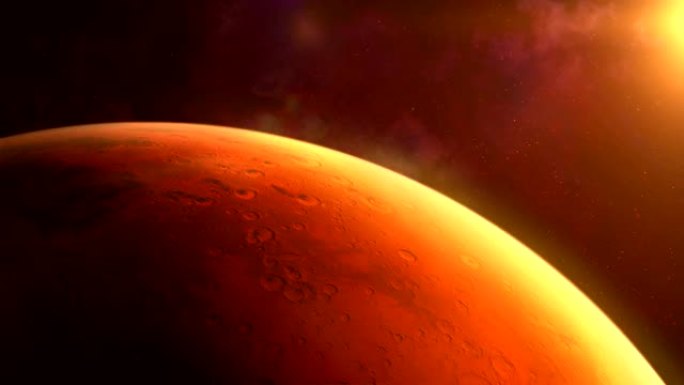 飞越旋转的红色星球火星。