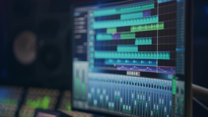 音乐录音棚: 电脑屏幕显示DAW数字音频工作站软件的用户界面，播放曲目。在背景模糊的控制桌与混音器和