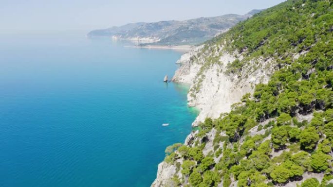 WS鸟瞰图阳光明媚的悬崖和绿松石海，加尔加诺国家公园，意大利
