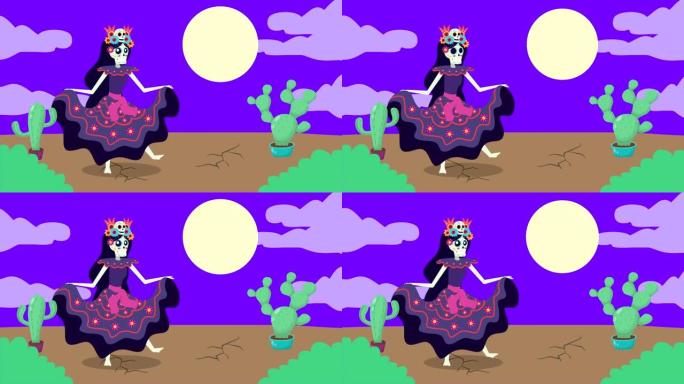 viva墨西哥动画与卡特琳娜骷髅舞蹈角色