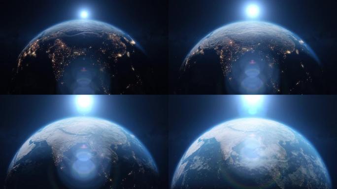 来自太空的地球。美丽的日出世界天际线。地球旋转动画。剪辑包含空间，行星，星系，恒星，宇宙，海洋，地球