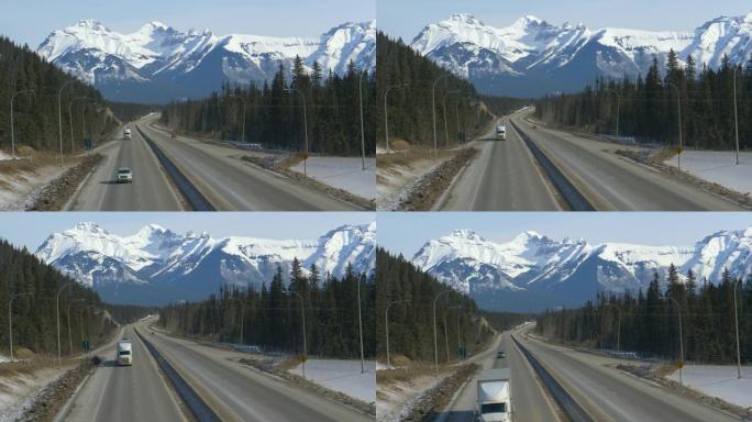 空中: 当车辆驶过景观时，飞越加拿大横贯公路