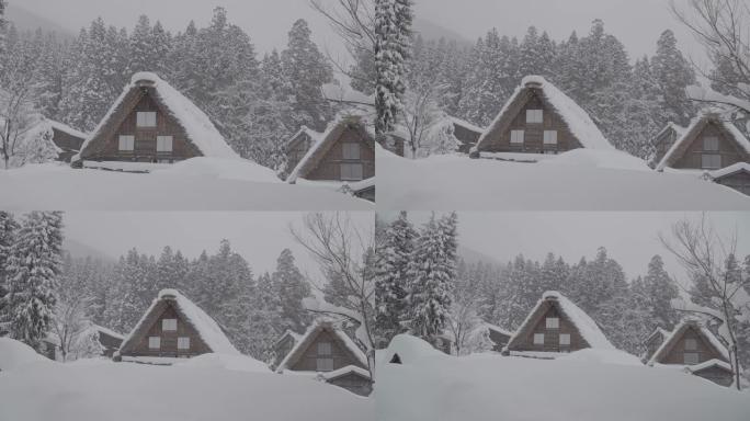 日本冬季，日本岐阜，石川县和富山县附近的雪中是白川县的传统茅草屋