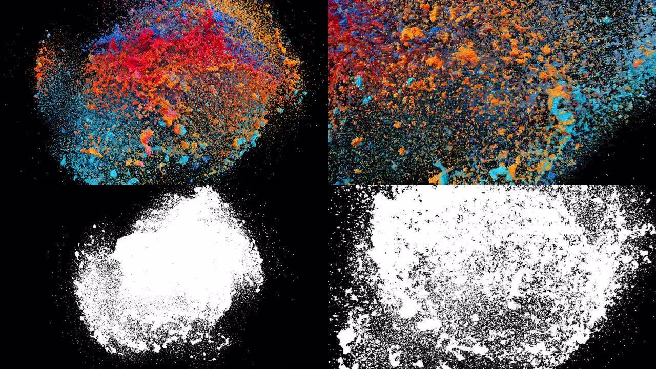 带有alpha面具的黑色背景上的彩色粉末爆炸。轨道摄像机。