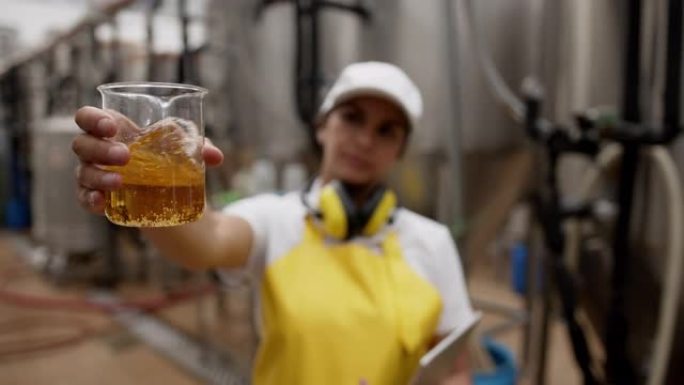 一家啤酒厂的女操作员在烧杯中检查啤酒样品
