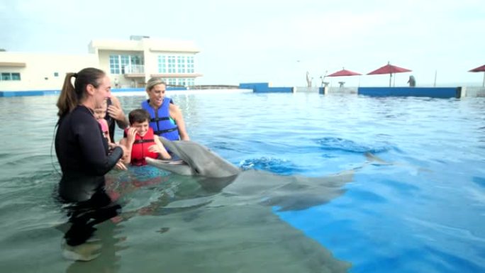 家人和教练在海豚的水中挥舞着
