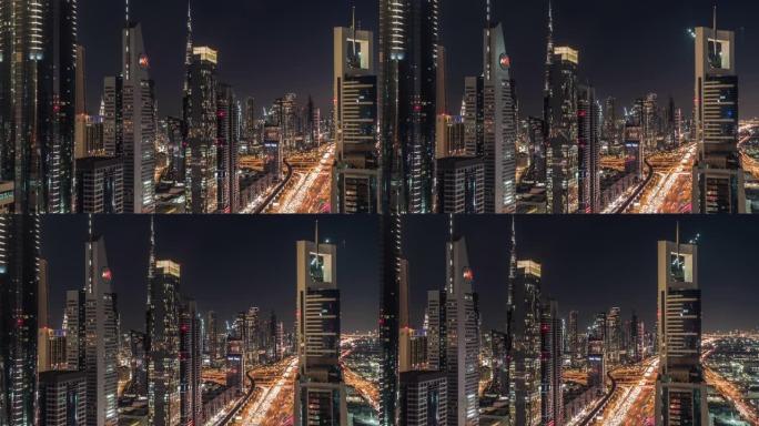 T/L PAN City摩天大楼在晚上/迪拜，阿联酋