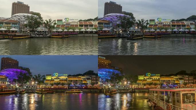 新加坡克拉克码头港的4k延时。新加坡的夜生活。平移运动。