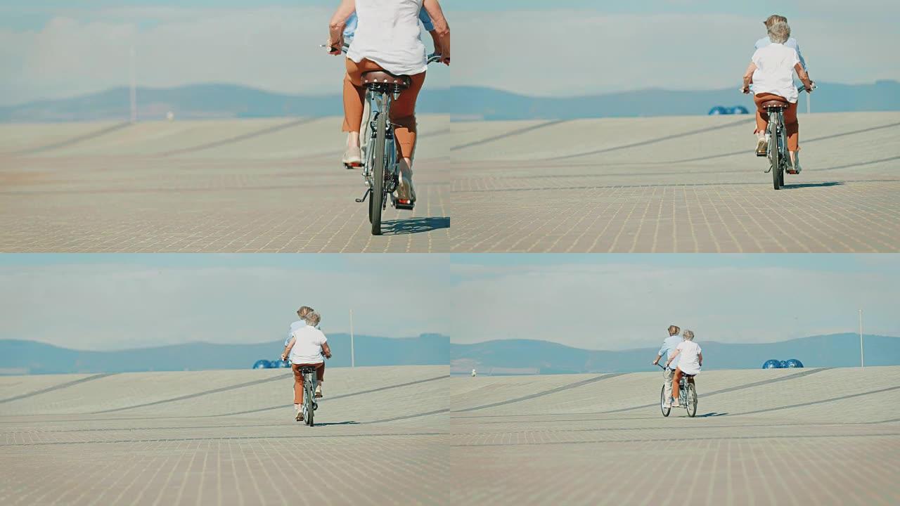 情侣在公路上骑双人自行车的后视图
