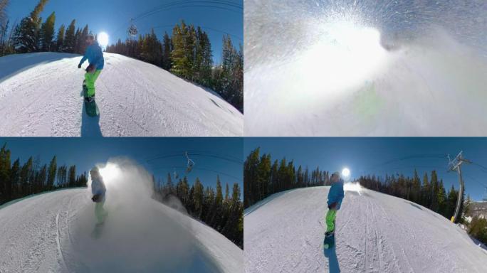 自拍照: 年轻的滑雪者在滑雪道上雕刻，并向相机喷冷烟。