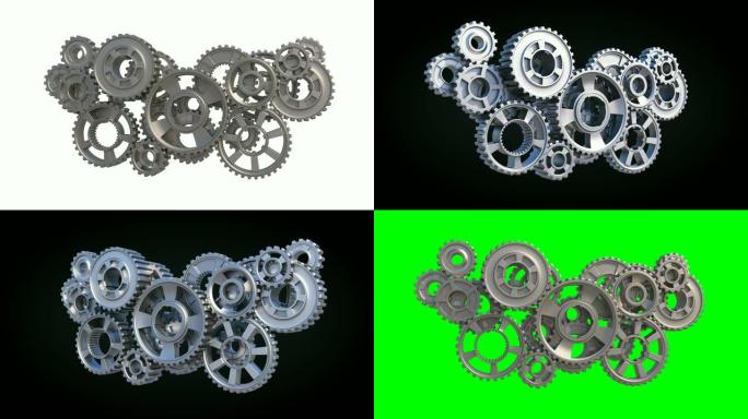 金属齿轮抽象工作机制打开白色和黑色背景与绿色屏幕。美丽的3d动画。团队合作商业和技术理念。