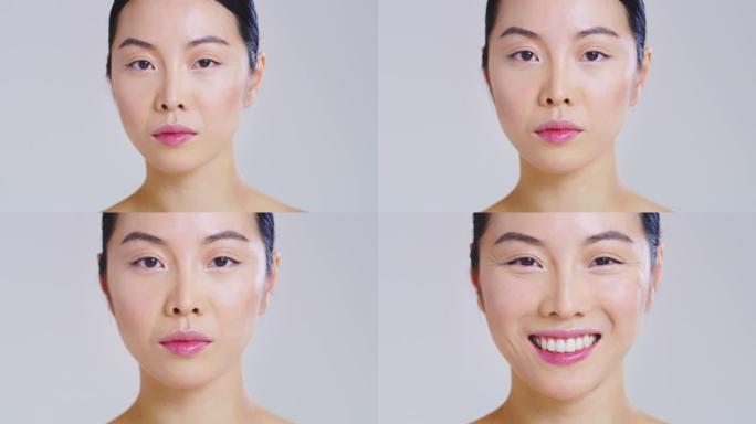 亚洲女人的慢动作，美丽的脸庞，完美的皮肤，刚刚清除了杂质，准备白天或晚霜在镜头前微笑