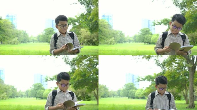 小男孩在上学的路上看书。回到学校。快乐的童年。