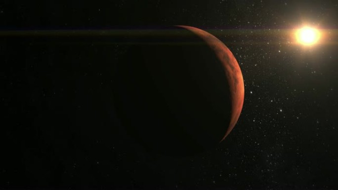 接近火星。太阳在右上方的框架中。火星向左移动。相机在火星附近飞行。从太空看。星星闪烁。4K。