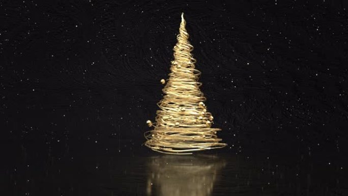 风格化的金色快乐圣诞树剪影，来自闪亮的线条和黑色背景上的金球。