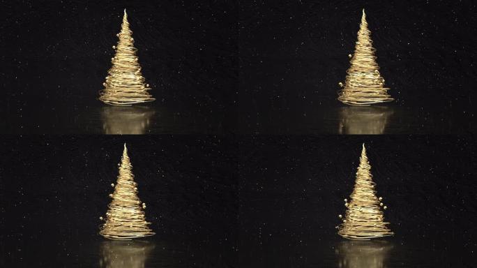 风格化的金色快乐圣诞树剪影，来自闪亮的线条和黑色背景上的金球。