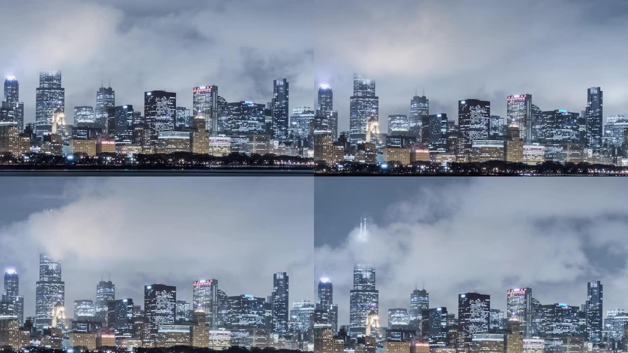 T/L TU芝加哥夜景与流动的云/芝加哥，伊利诺伊州